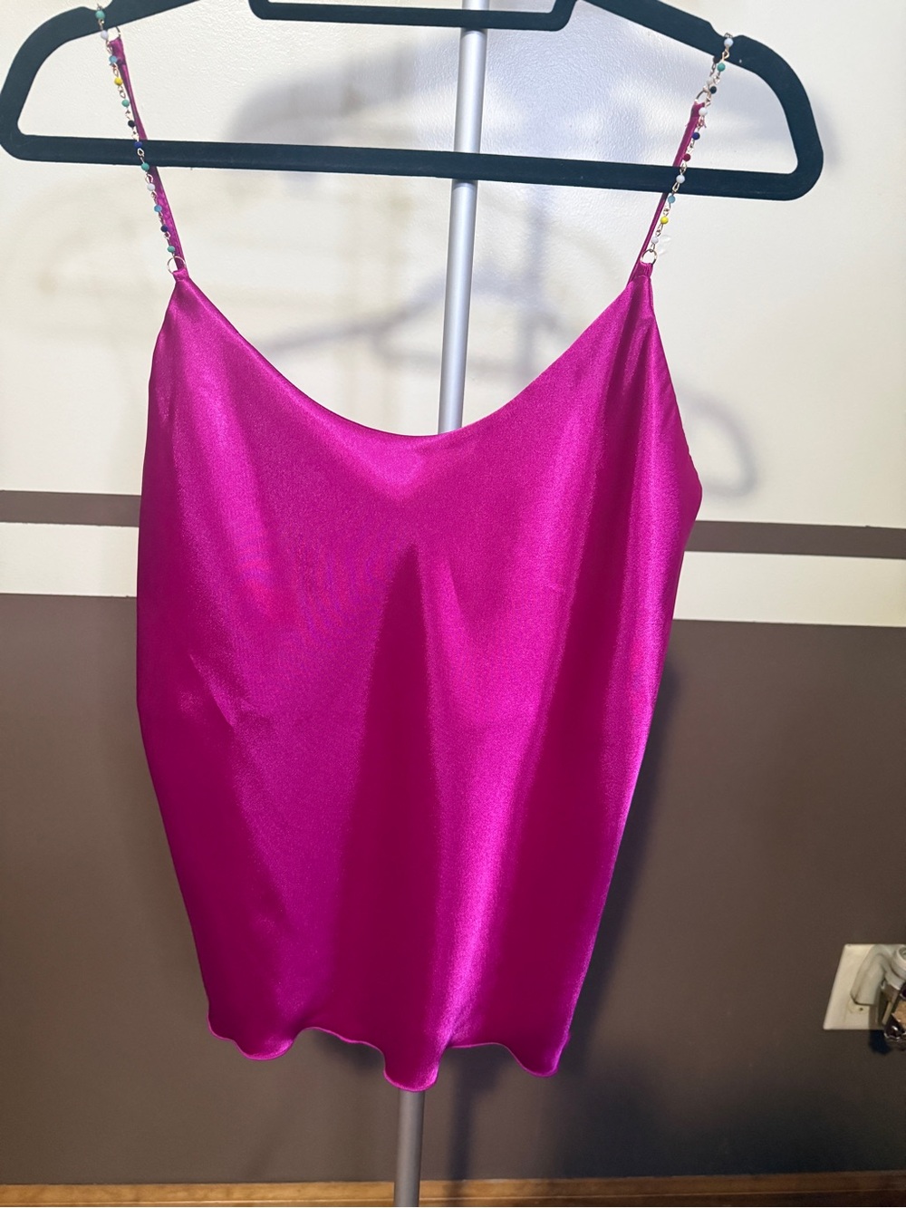 Nicole Miller Vibrant Fuchsia Satin Cowl Camisole with Jeweled Straps NWOT S